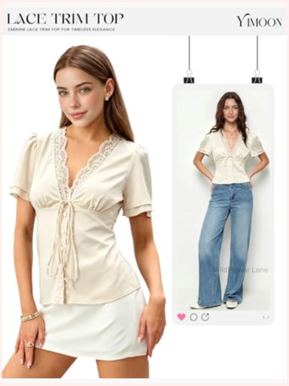 Satin V-Neck Lace Trim Blouse Tie Front Button Down Tops - Picture 3 of 6